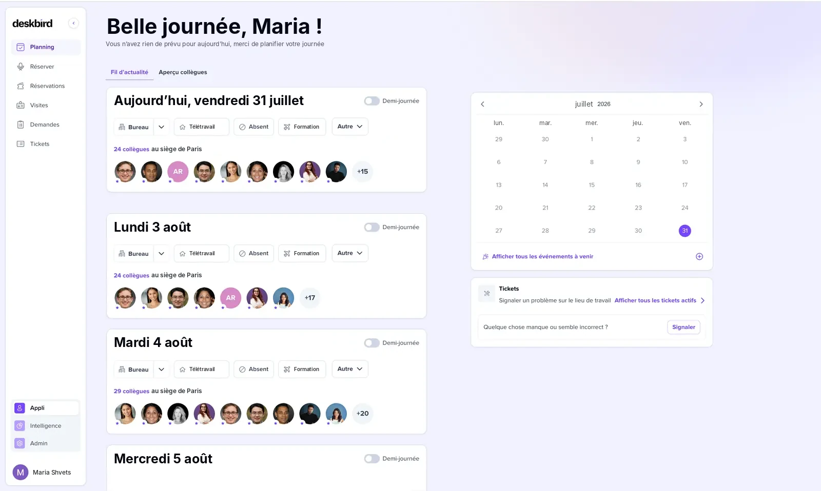 Planning de la semaine avec les collègues présents chaque jour