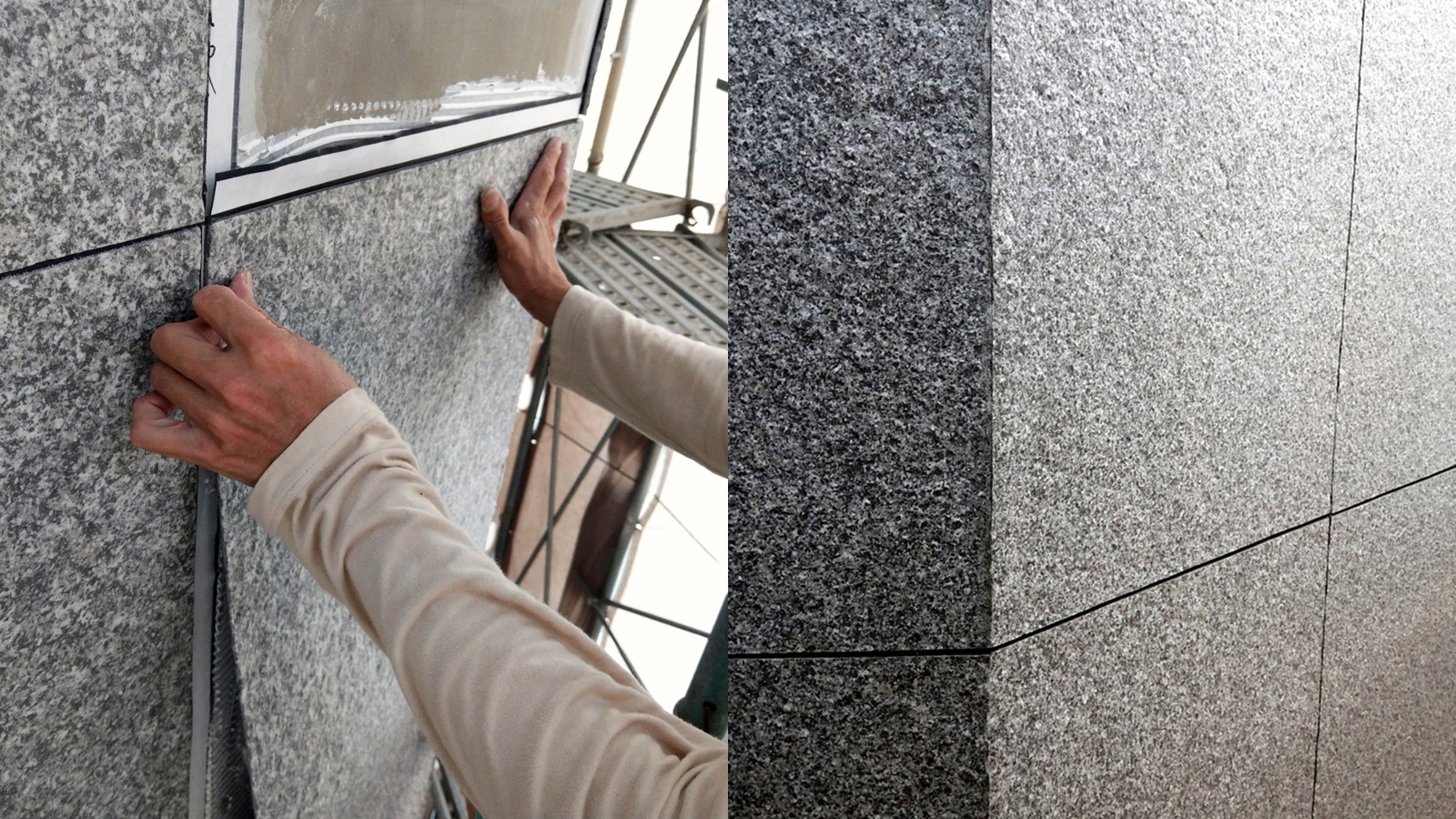 MA工法利用特殊的鎧甲式黏貼設計,讓輕量化石片和背襯防水材交疊壓接,產生連續性的堅固壁面,達到絕佳的防水效果,而且比外牆防水塗料更堅固耐用。