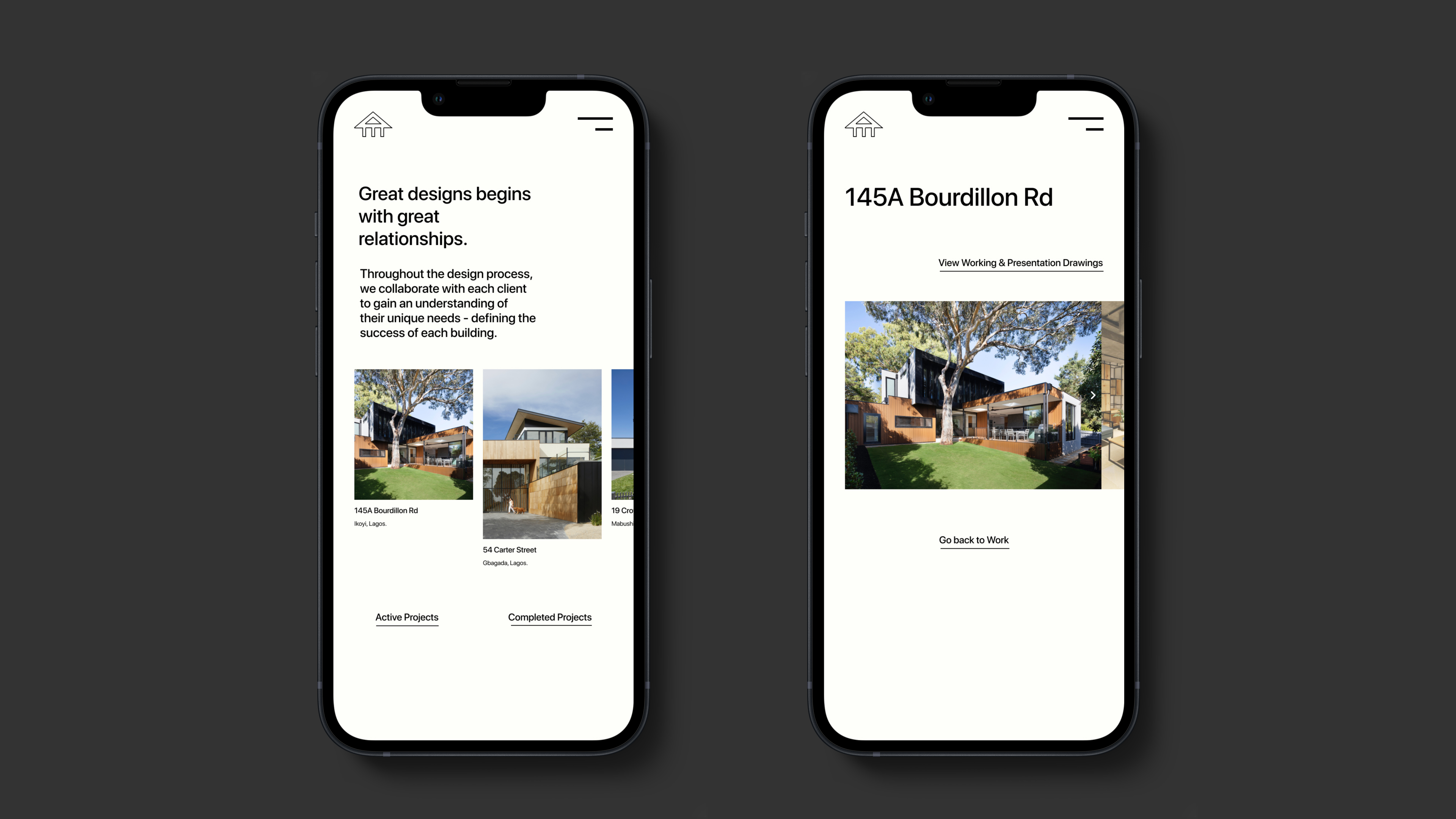 Two mobile screens across a dark overcast.