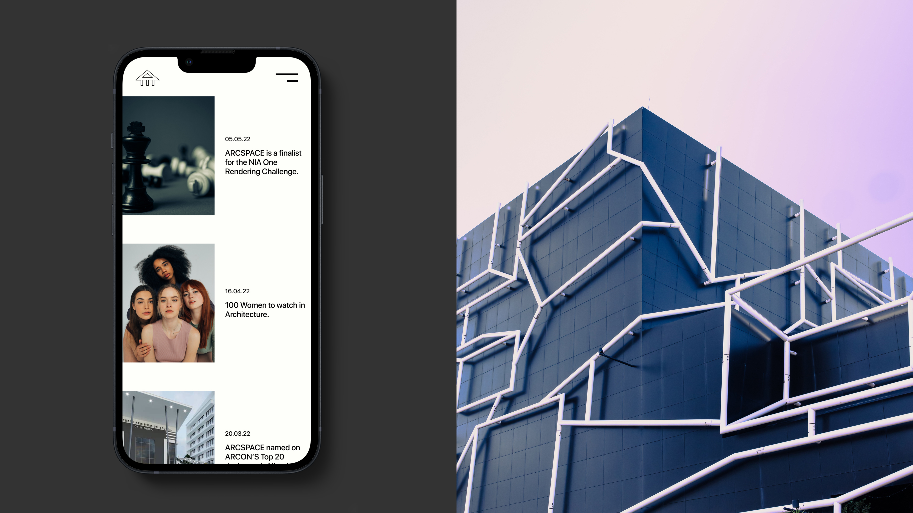 A mobile screen side by side an image of a building.