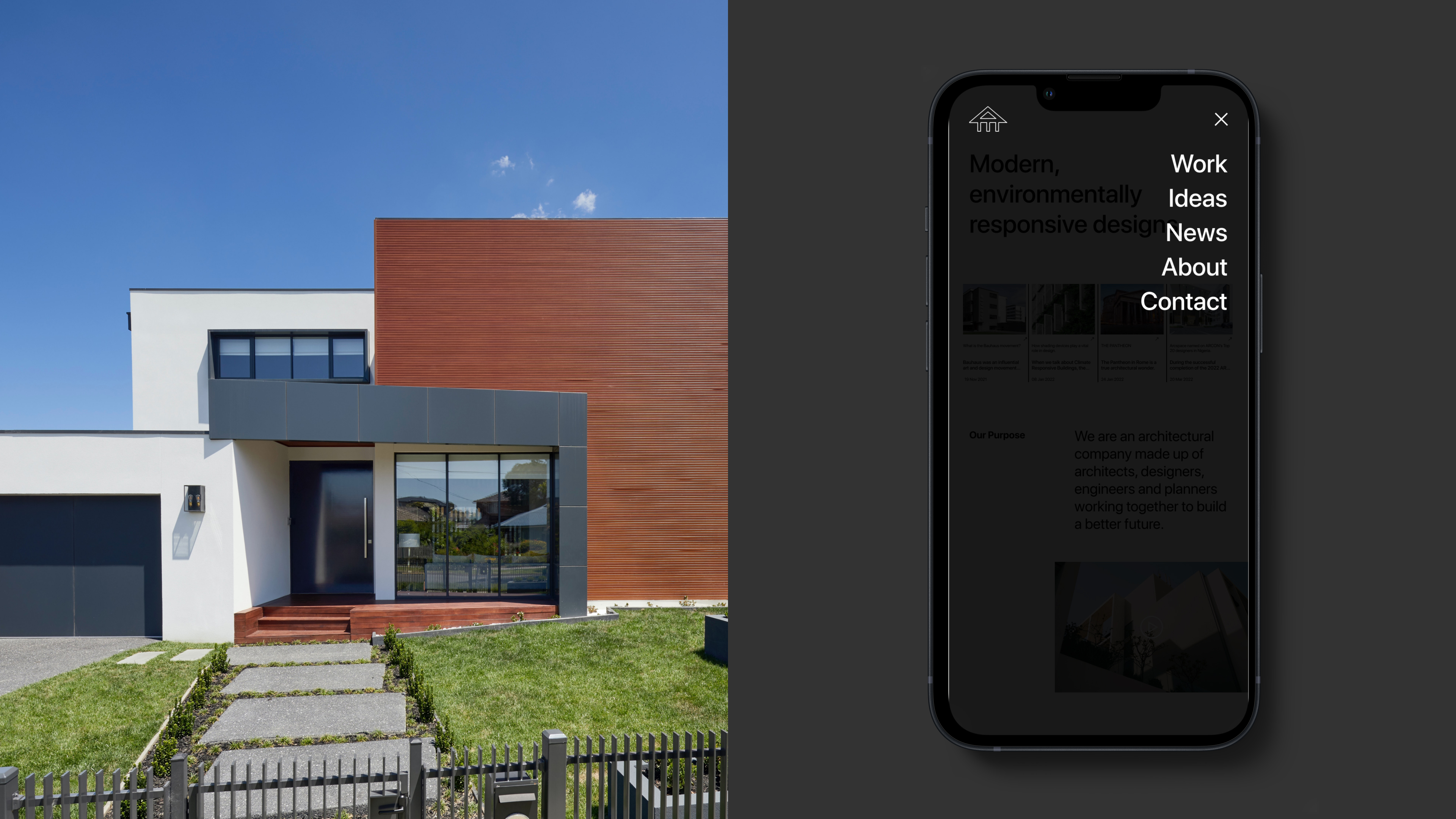 A mobile screen side by side an image of a building.