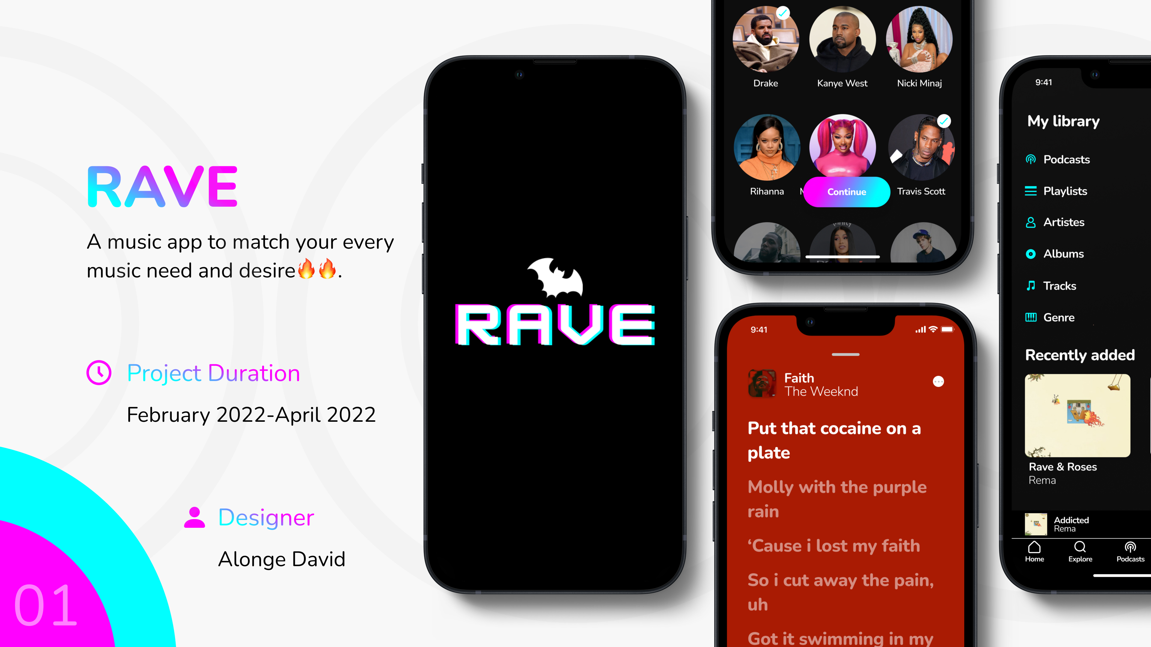 Four mobile screens of Rave music app. 