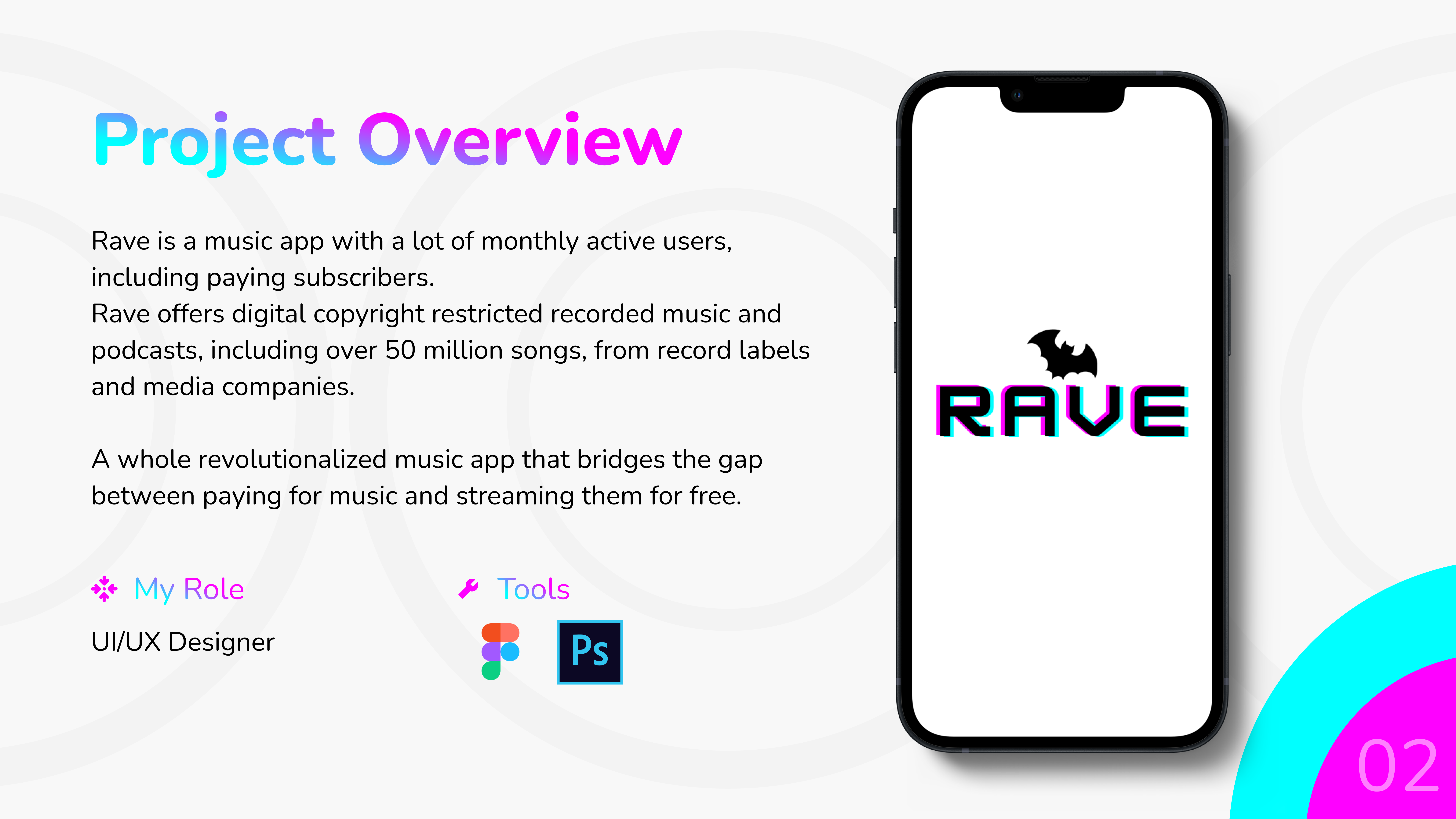 Project overview from a Rave case study including a mobile screen. 