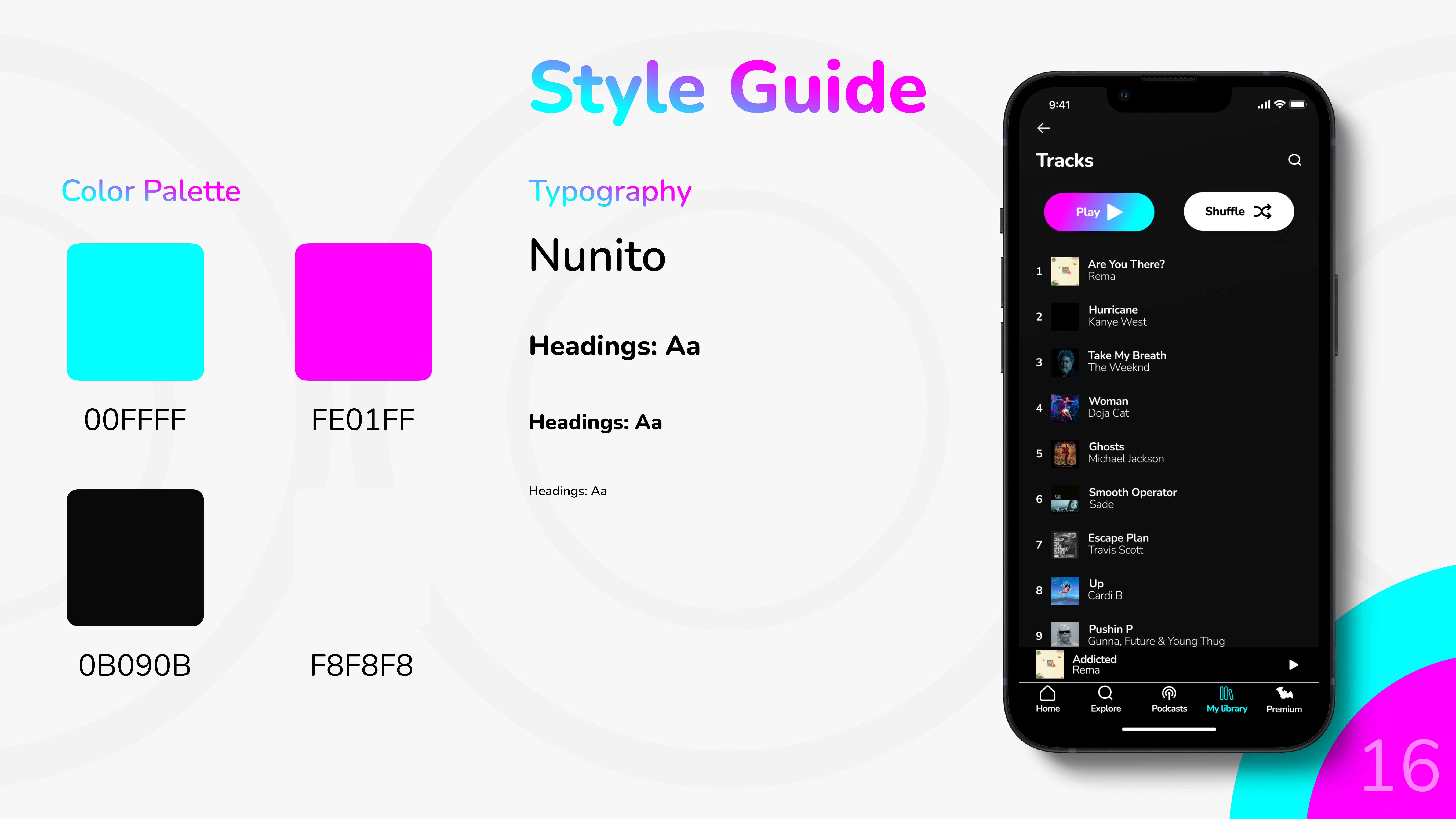 Style guide from a Rave case study includinga a mobile screen