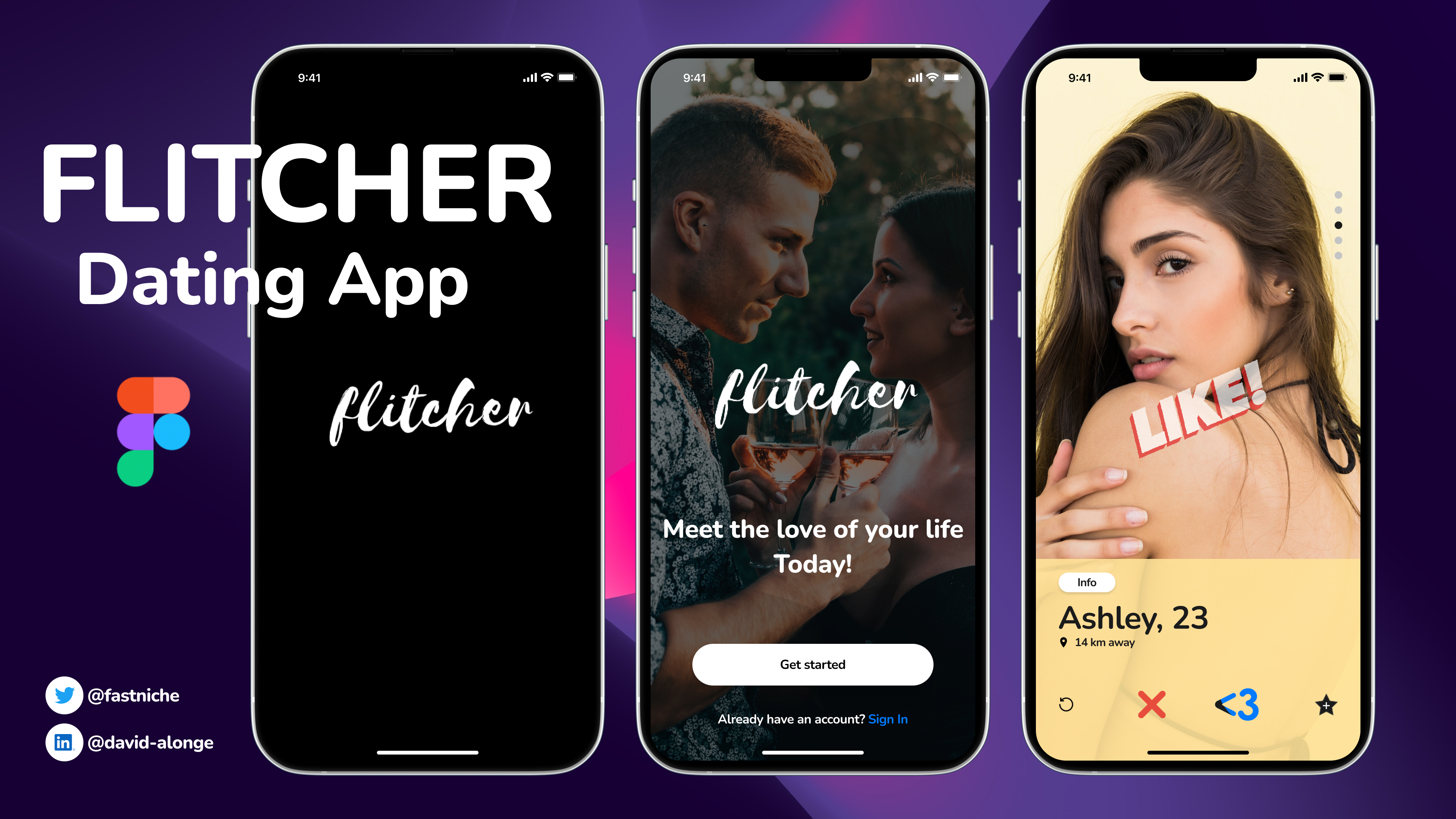 Three mobile screens of flitcher dating app