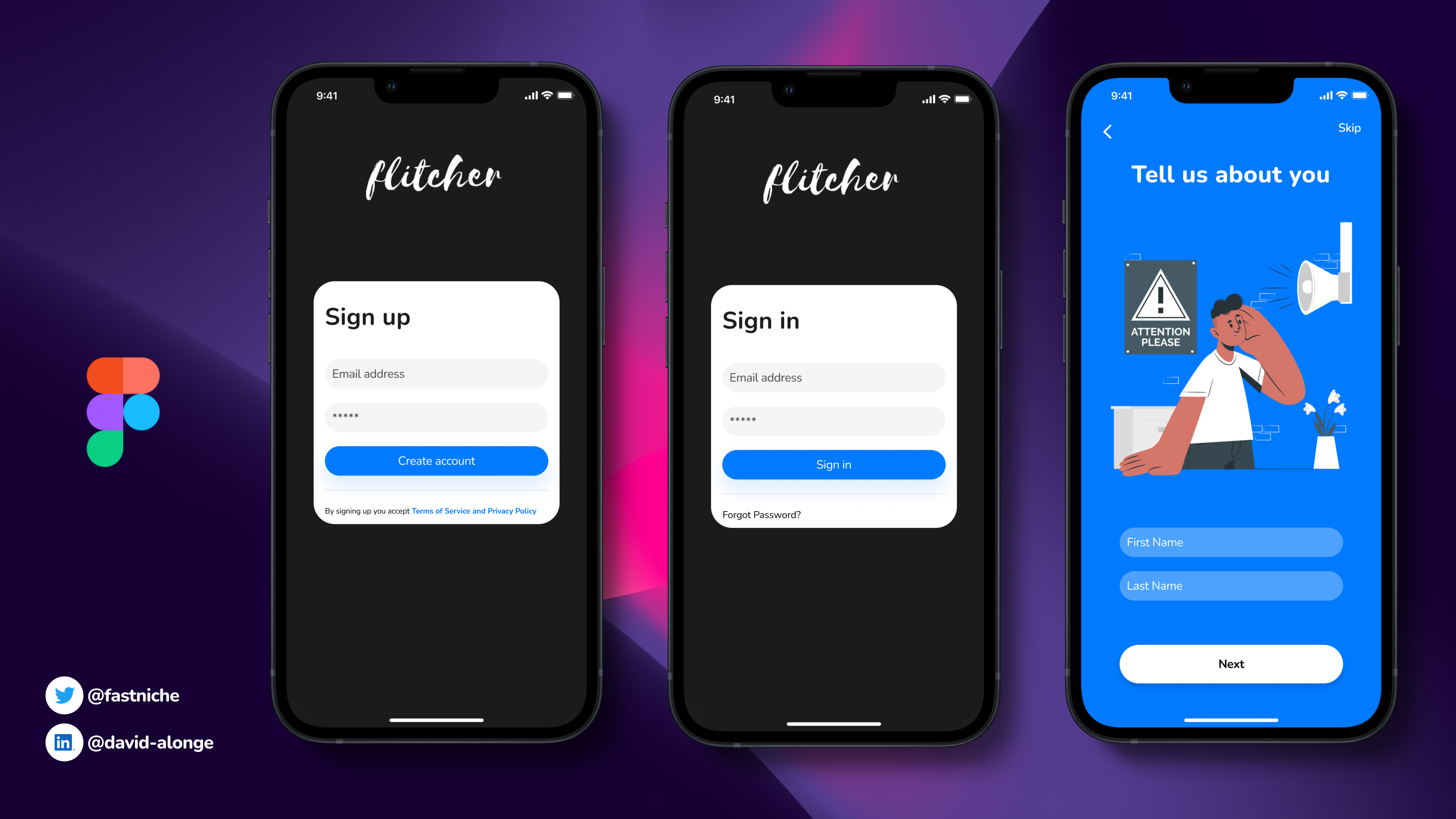 Three mobile screens from Flitcher dating app.