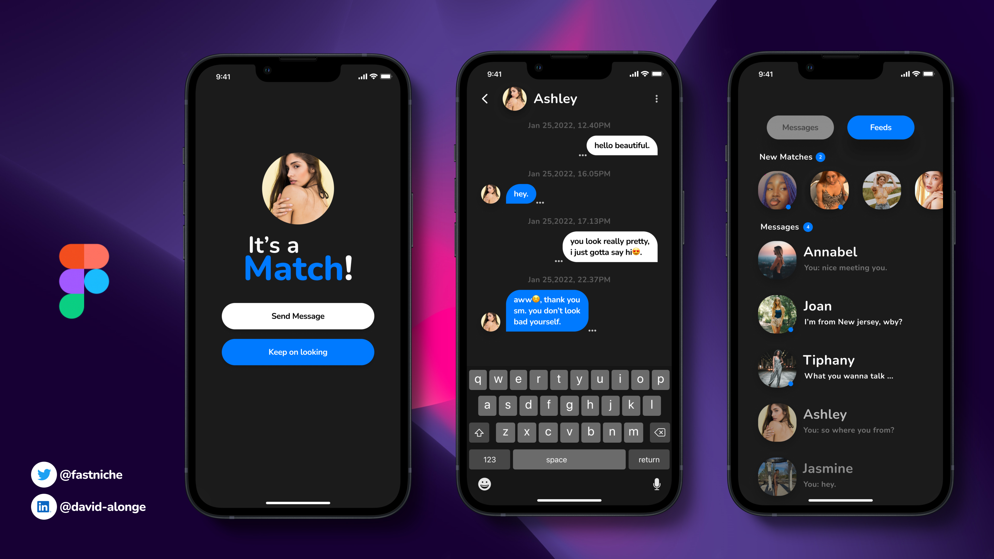 Three mobile screens from Flitcher dfating app.