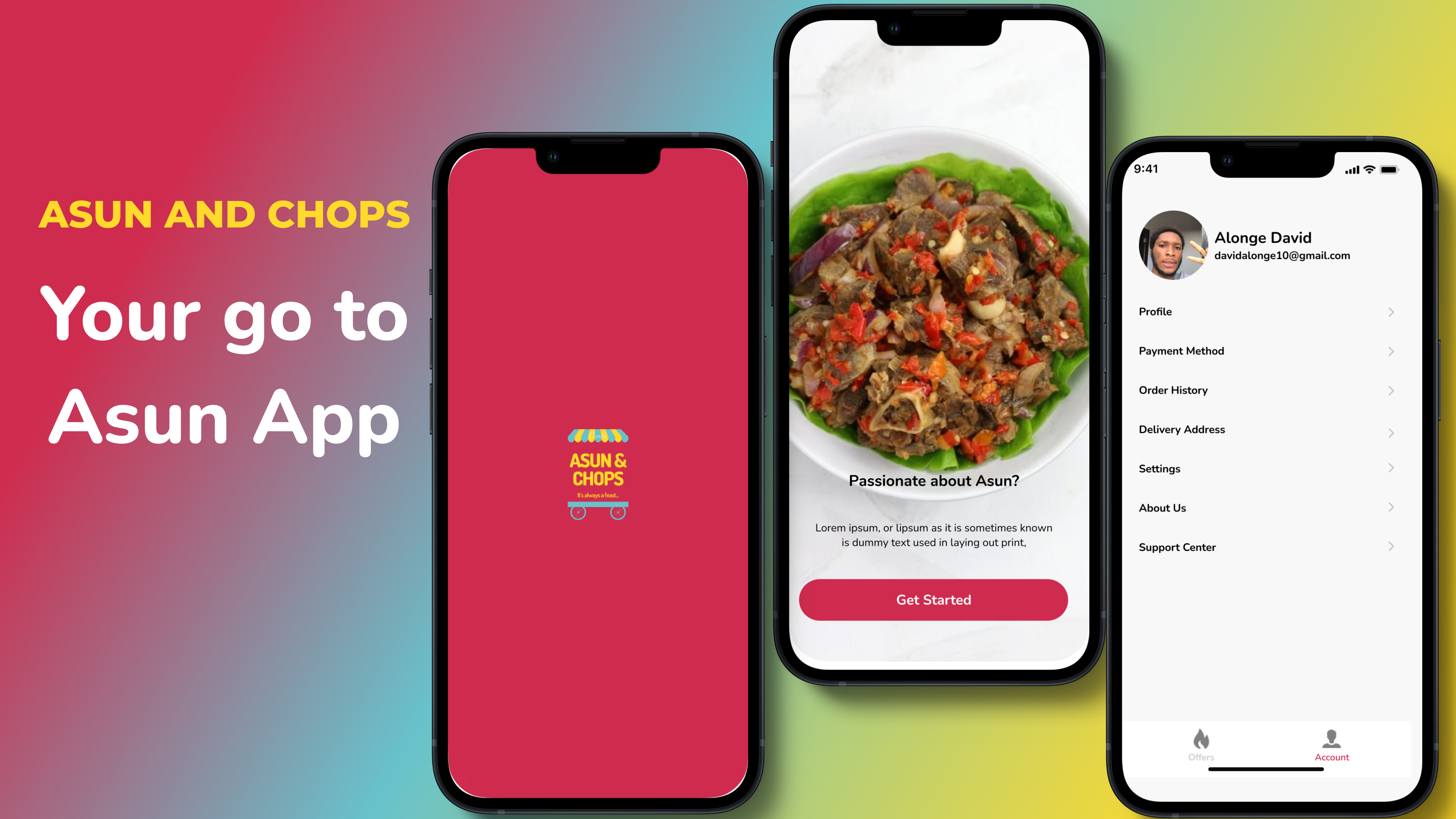 Three mobile screens of Asun and chops app. 
