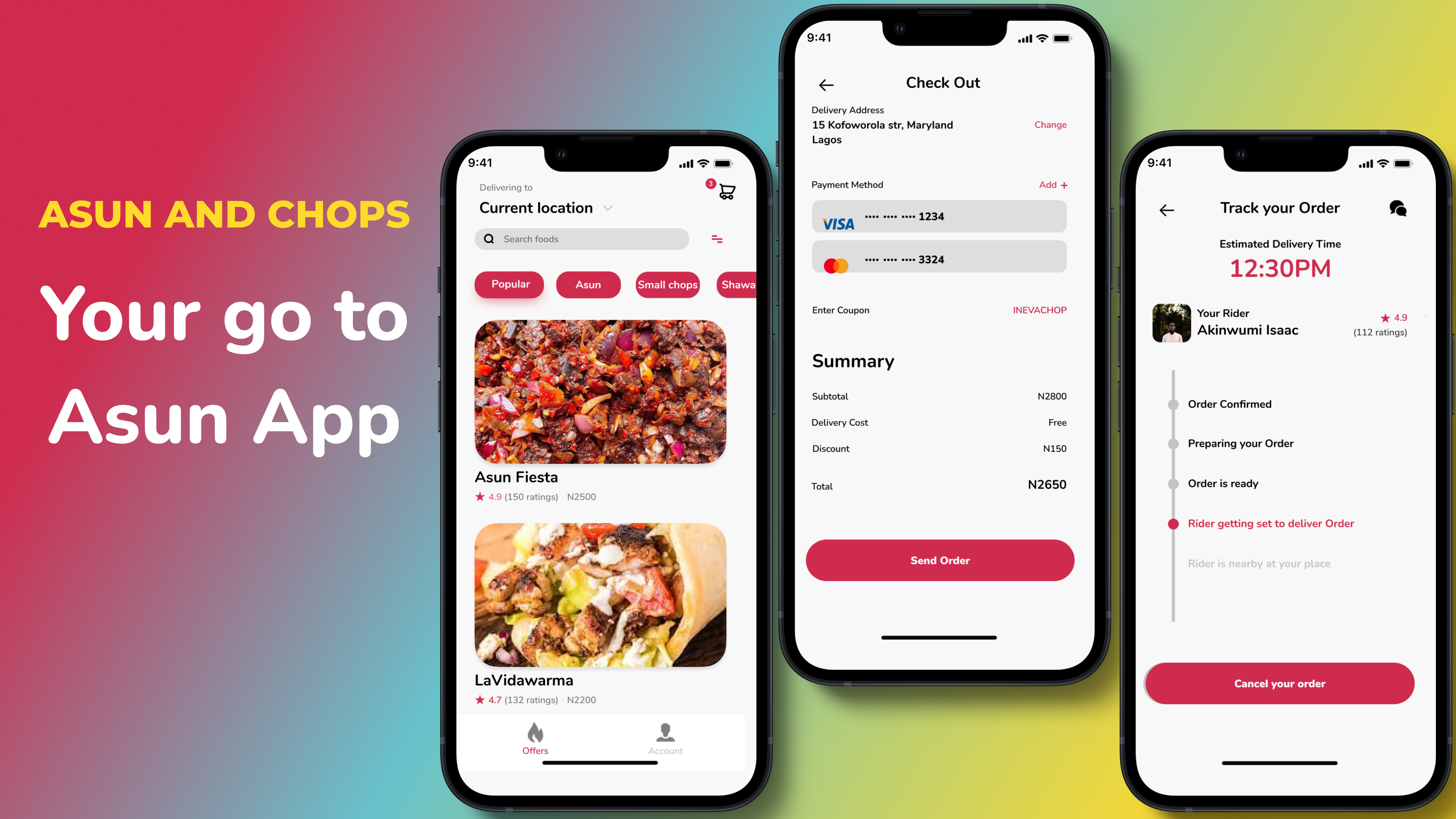 three mobile screens from asun and chops app