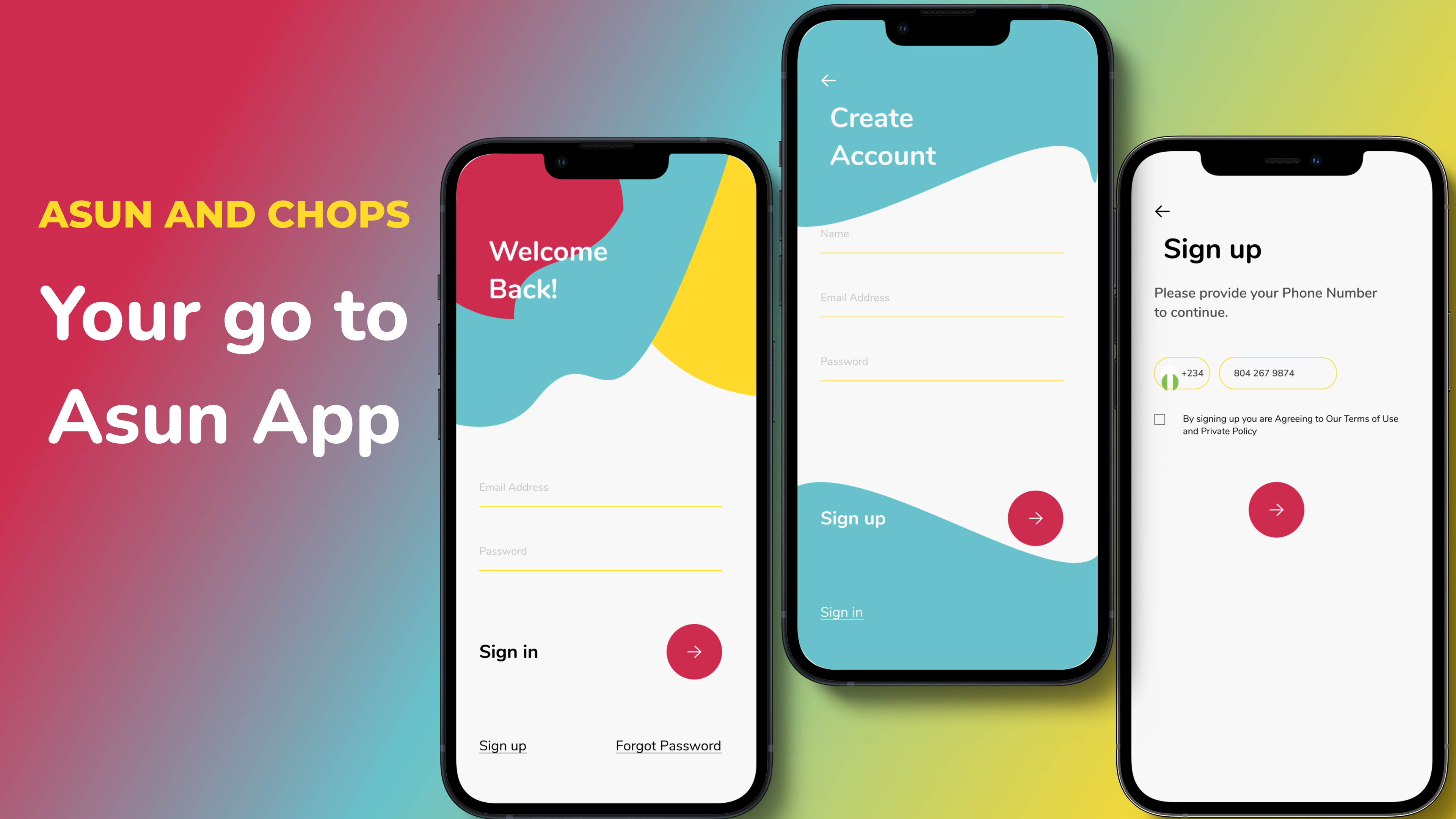 Three mobile screens from asun and chops app