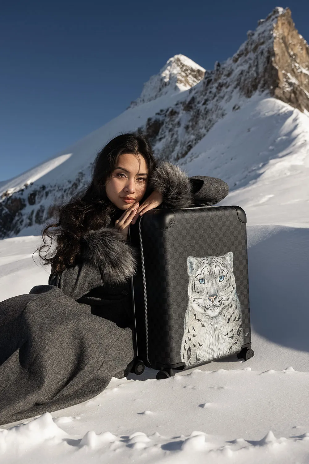Photo commerciale dans un décor montagne et neige, peinture sur valise Louis Vuitton