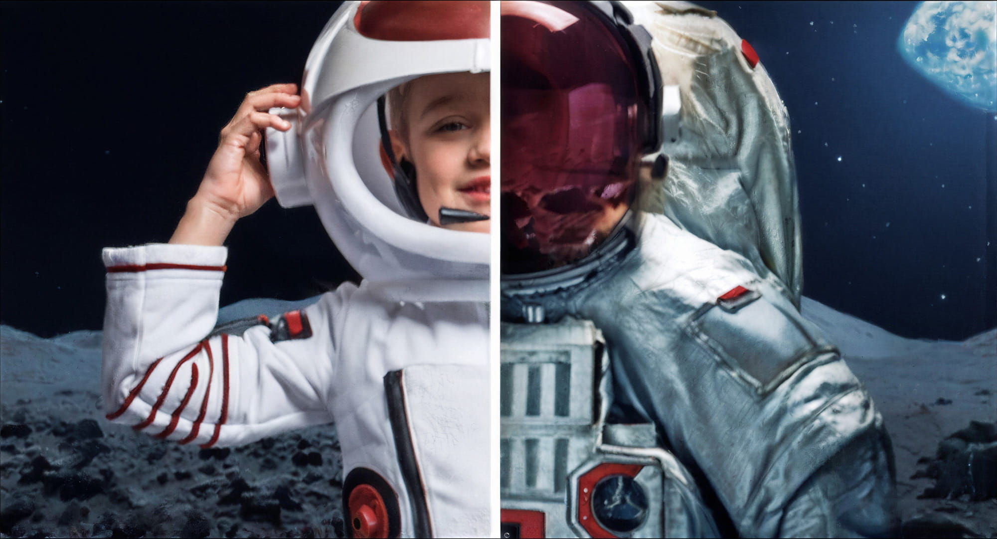 Split image showing a person in a modern astronaut suit on the left and a person in a vintage astronaut suit on the right, both standing on a lunar surface with Earth visible in the background