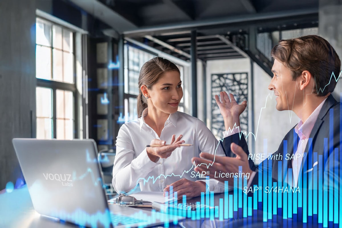 A man and woman in casual business attire engage in a lively discussion in a modern office. Keywords like "SAP® Licensing" and graphs overlay the image.