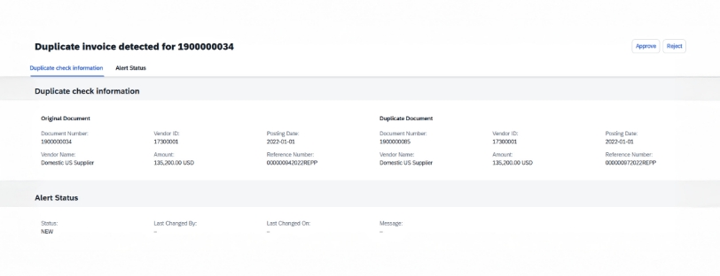 Invoice alert screen showing a duplicate invoice detected, with details about the original and duplicate documents.