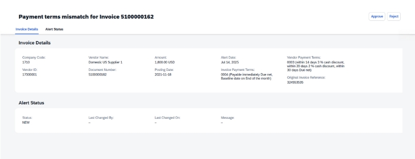 Invoice details show a payment terms mismatch, highlighting alert status and key information such as amounts and due dates.