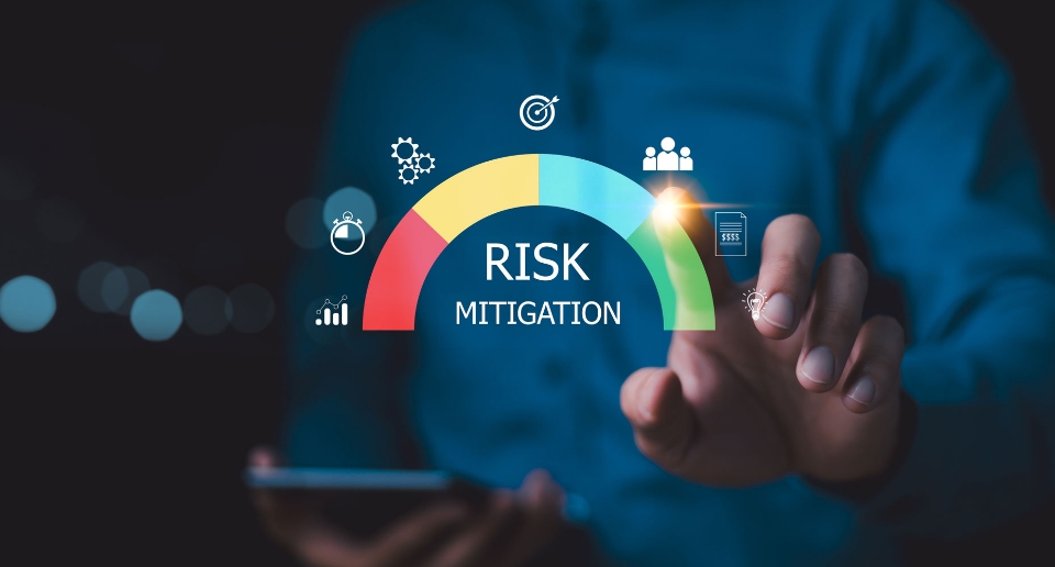 Hand pointing at a multicolored semicircular gauge labeled 'RISK MITIGATION' with icons representing gears, a target, a group of people, a stopwatch and a bar chart.