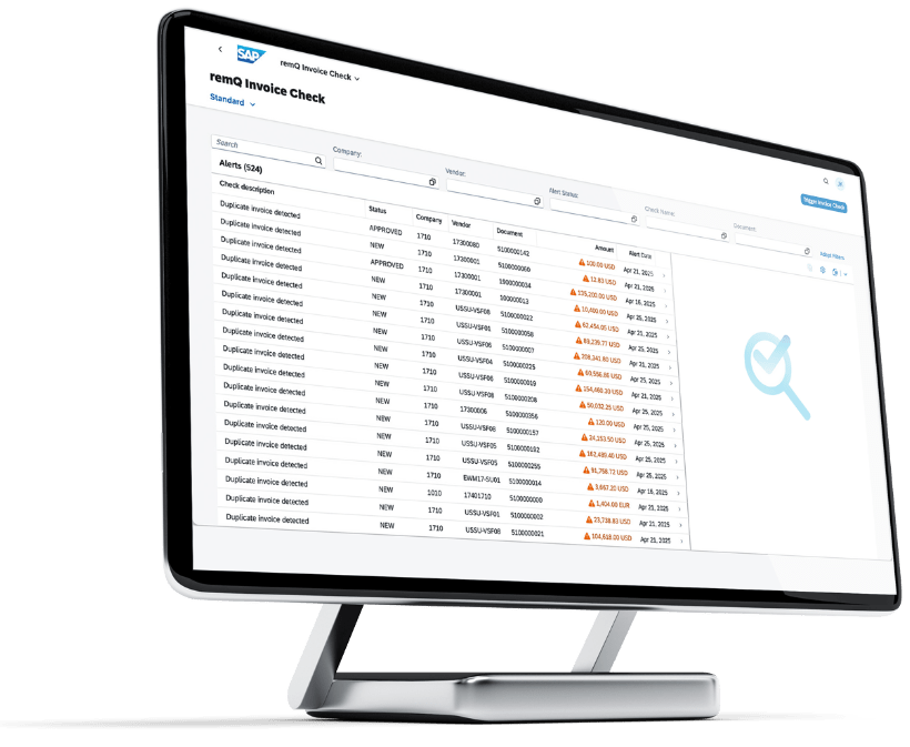 Curved computer monitor displaying a software interface with a list of duplicate invoice alerts and a magnifying glass icon.