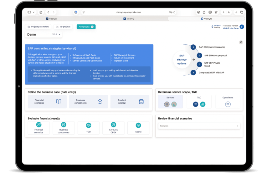 Tablet screen showing a software interface with sections for defining business cases, evaluating financial results, and reviewing financial scenarios