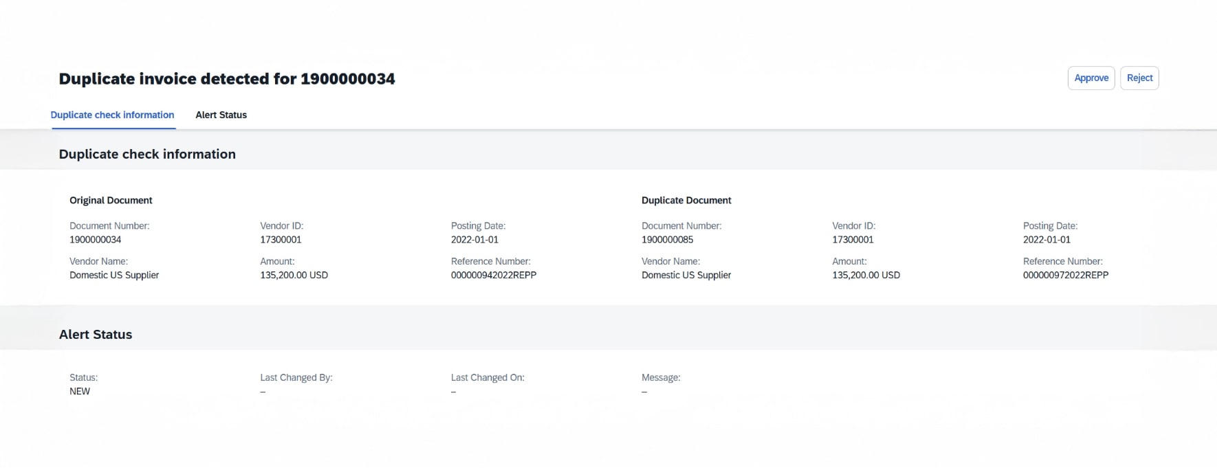 Invoice alert screen showing a duplicate invoice detected, with details about the original and duplicate documents.