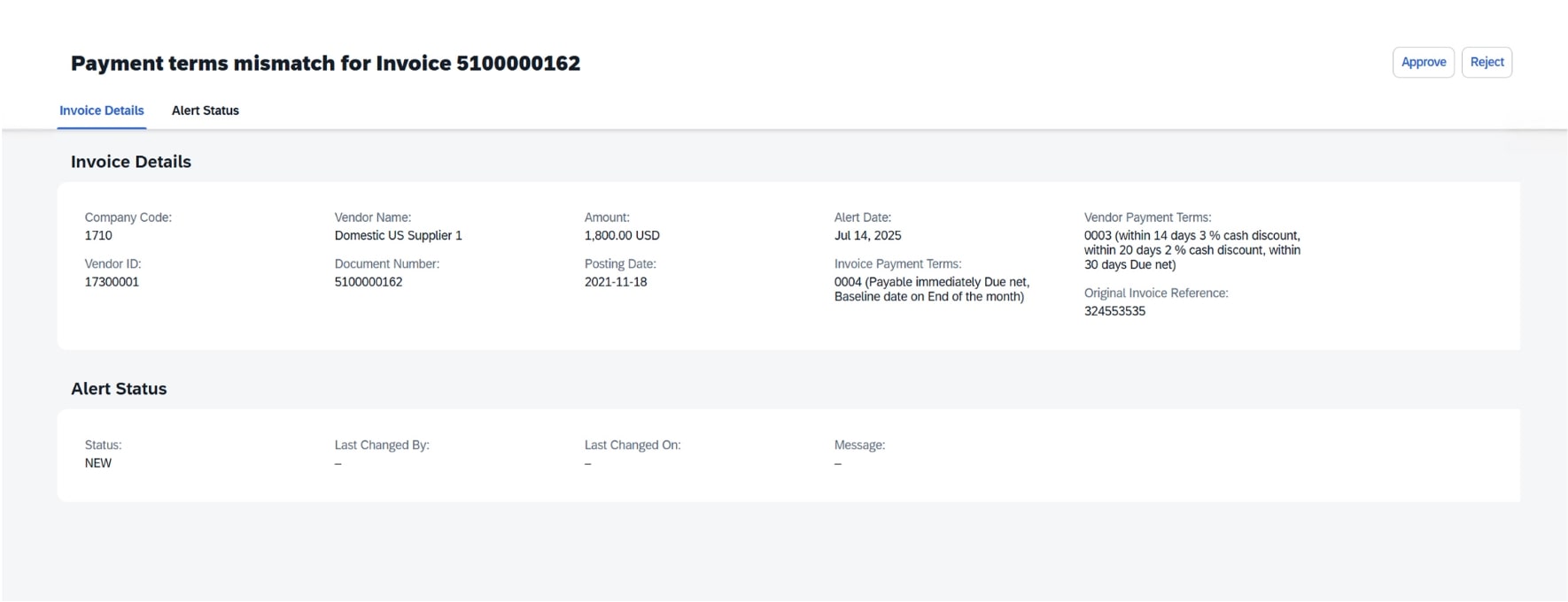 Invoice details show a payment terms mismatch, highlighting alert status and key information such as amounts and due dates.