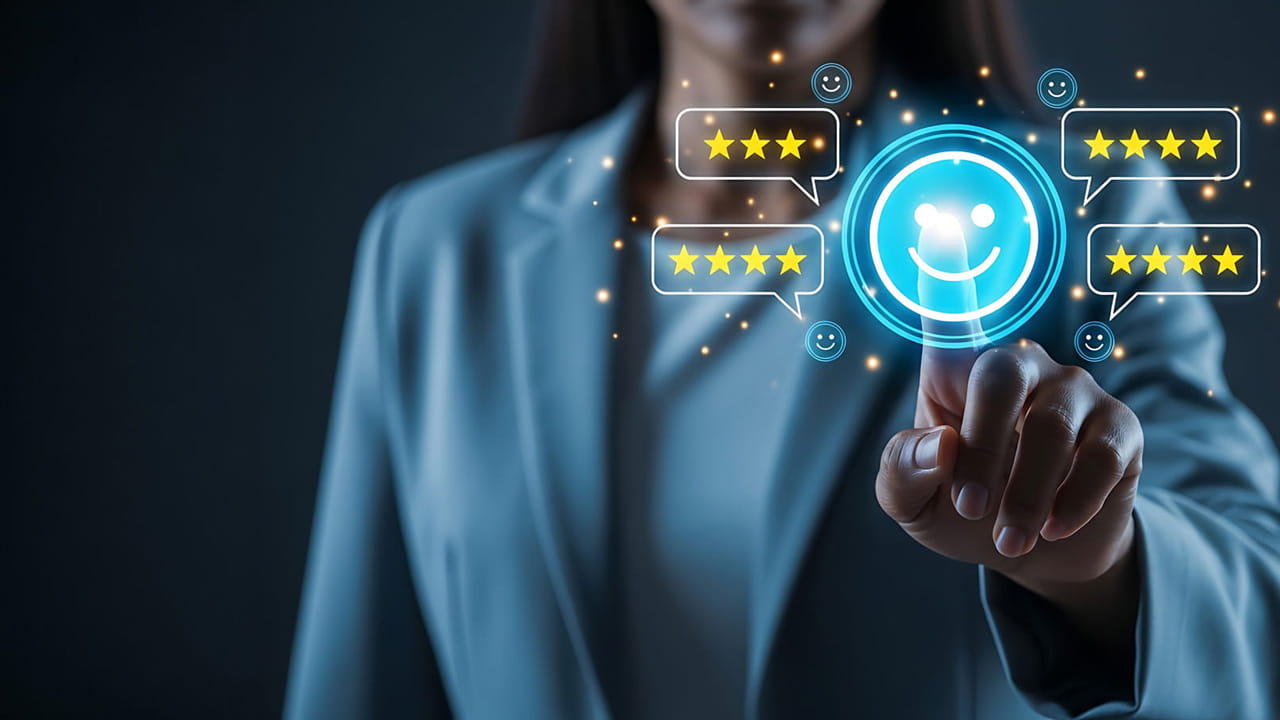 Person in suit pressing a glowing smiley face icon surrounded by multiple five-star rating icons