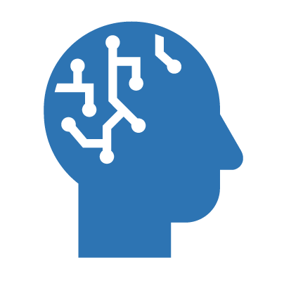 Blue human head silhouette with a circuit board pattern inside the brain area.
