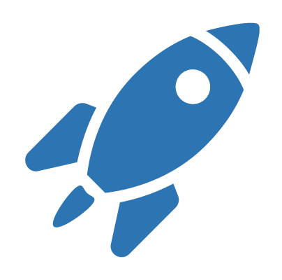 Simple blue rocket icon facing up and to the right on white background.