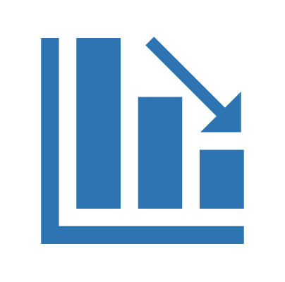 Blue bar chart with three bars decreasing in height and a downward arrow pointing to the smallest bar.