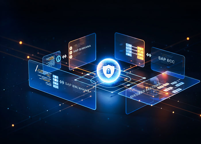 Digital network diagram with a glowing security lock connecting SAP S/4HANA, SAP BW/4HANA, SAP ECC, and Success Factors.