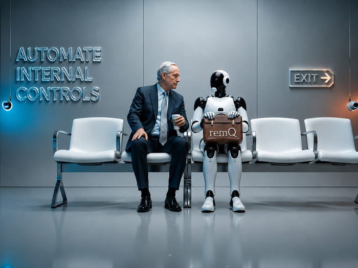 Businessman sitting next to a robot holding a remQ briefcase under an Automate Internal Controls sign.