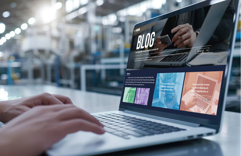 Person typing on laptop showing a blog page with articles and images on screen in a bright indoor space.