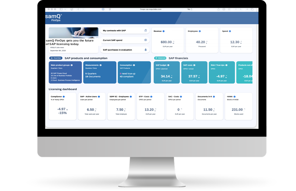 Computer screen showing samQ FinOps dashboard with SAP spending, revenue, employees, and licensing metrics.