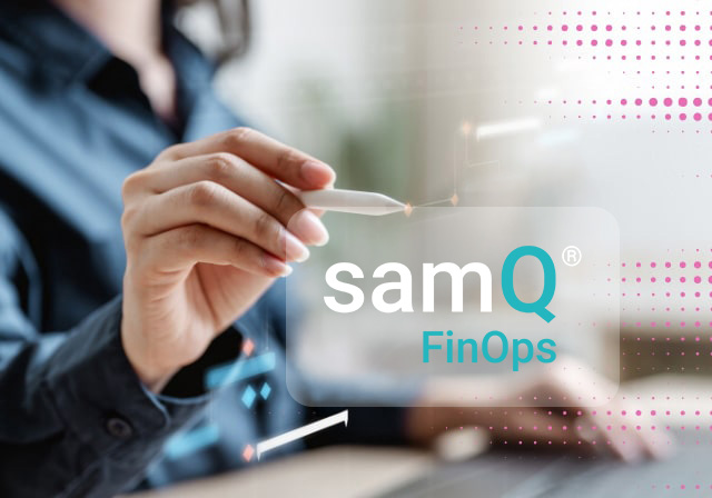 Person using a stylus to interact with a transparent screen displaying the text 'samQ FinOps'.