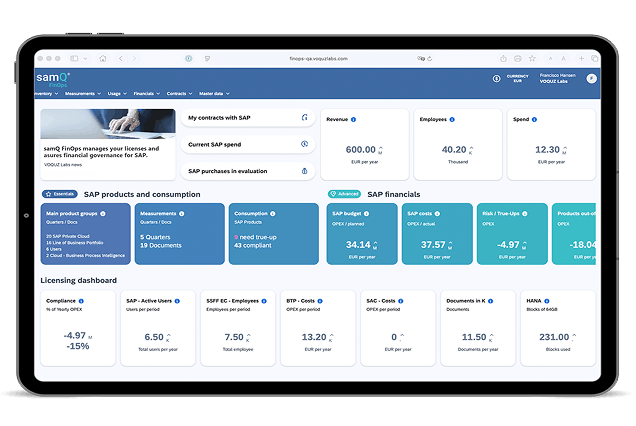 Tablet displaying SAP financial dashboard with metrics on revenue, employees, spend, and licensing data.