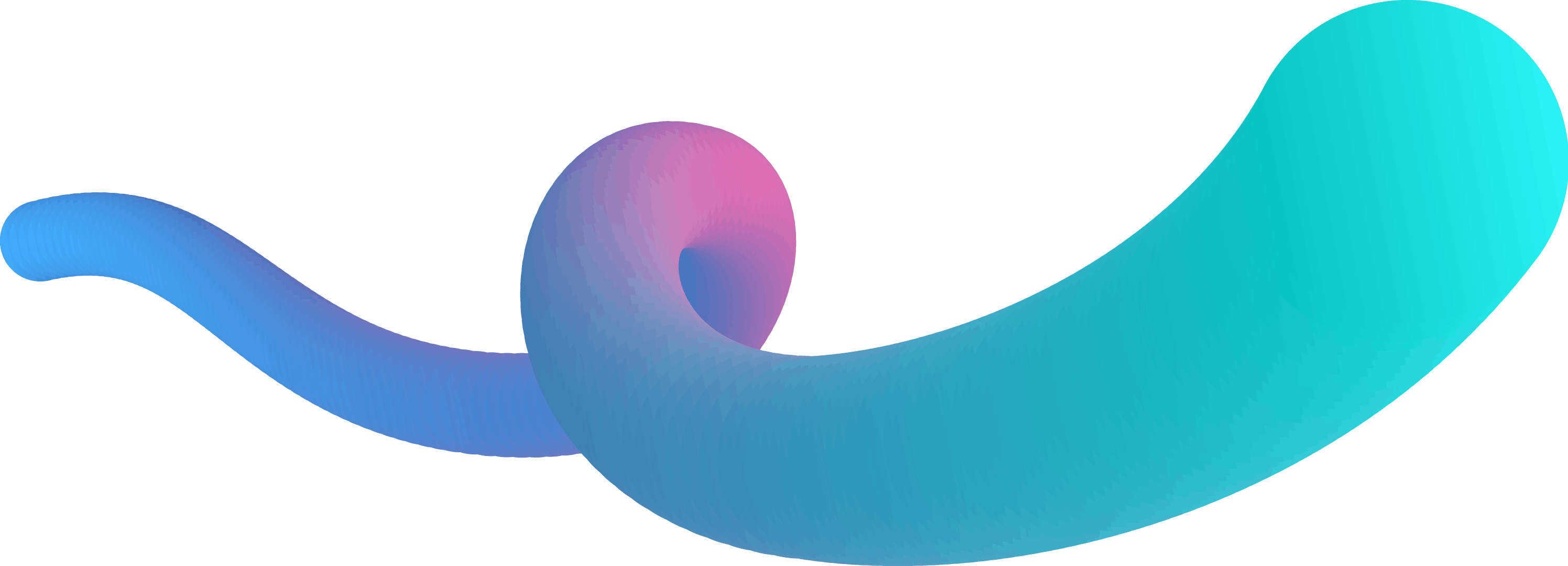 3D abstract twisted tube shape in gradient colors from purple to blue to teal on transparent background.