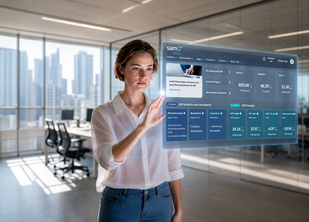 Woman in office interacting with a transparent digital screen displaying samQ FinOps software data.