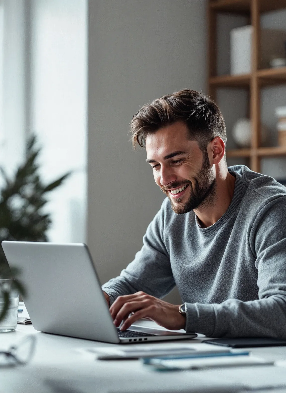 Strategia która zmienia stronę w narzędzie do zdobywania klientów - zadowolony biznesman przegląda w laptopie swoją stronę www