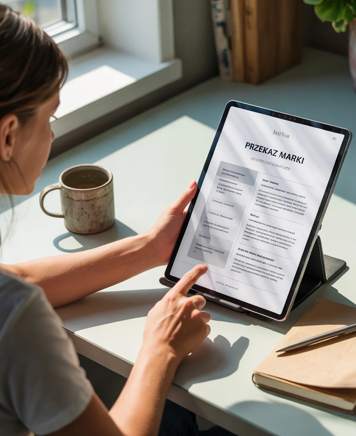 właścicielka firmy przegląda na tablecie przekaz marki w formacie pdf wersji