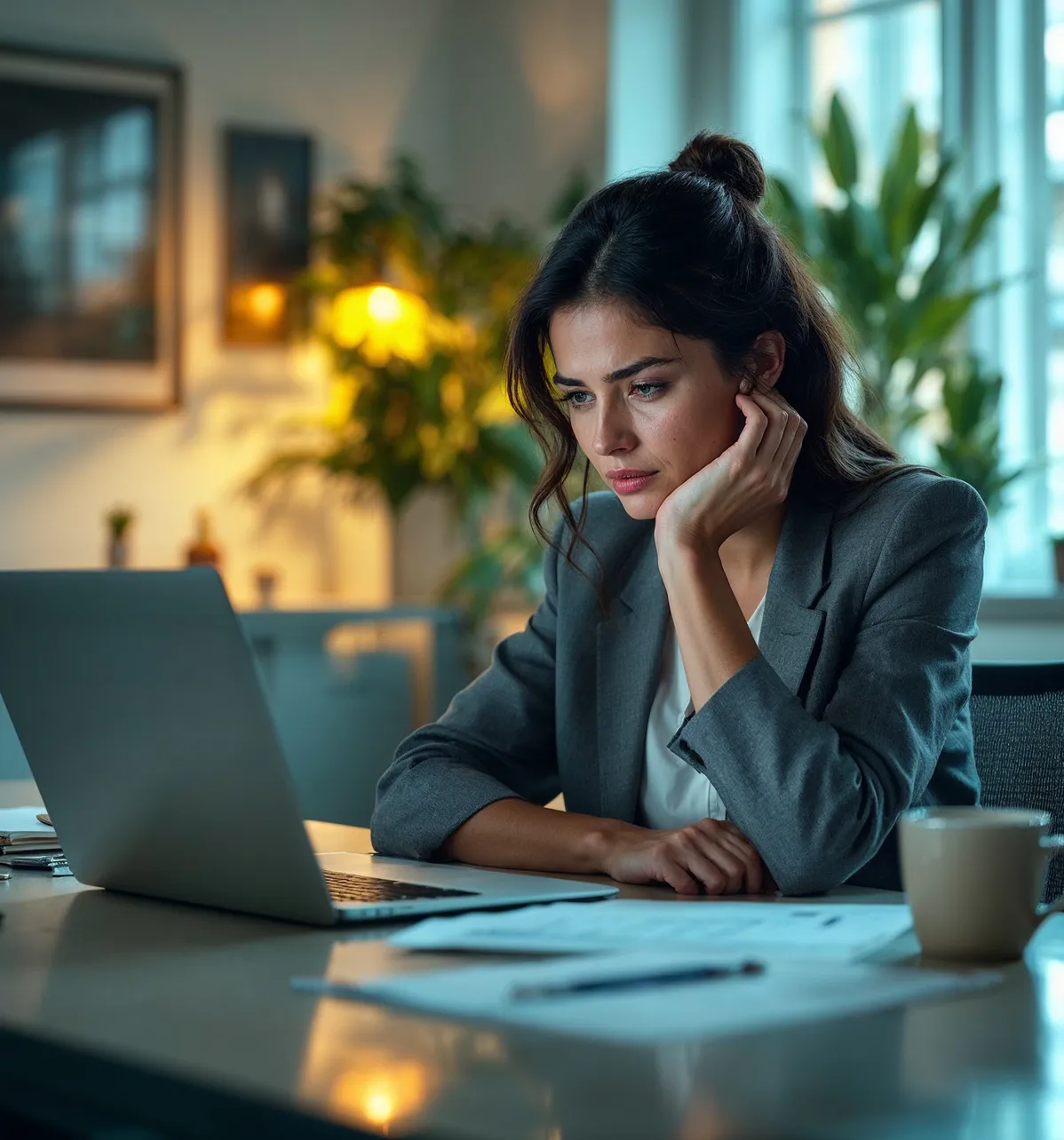 Czy klienci rozumieją, że naprawdę możesz im pomóc - zrezygnowana businesswoman przegląda swoją stronę www na laptopie siedząc przy biurku w swoim biurze