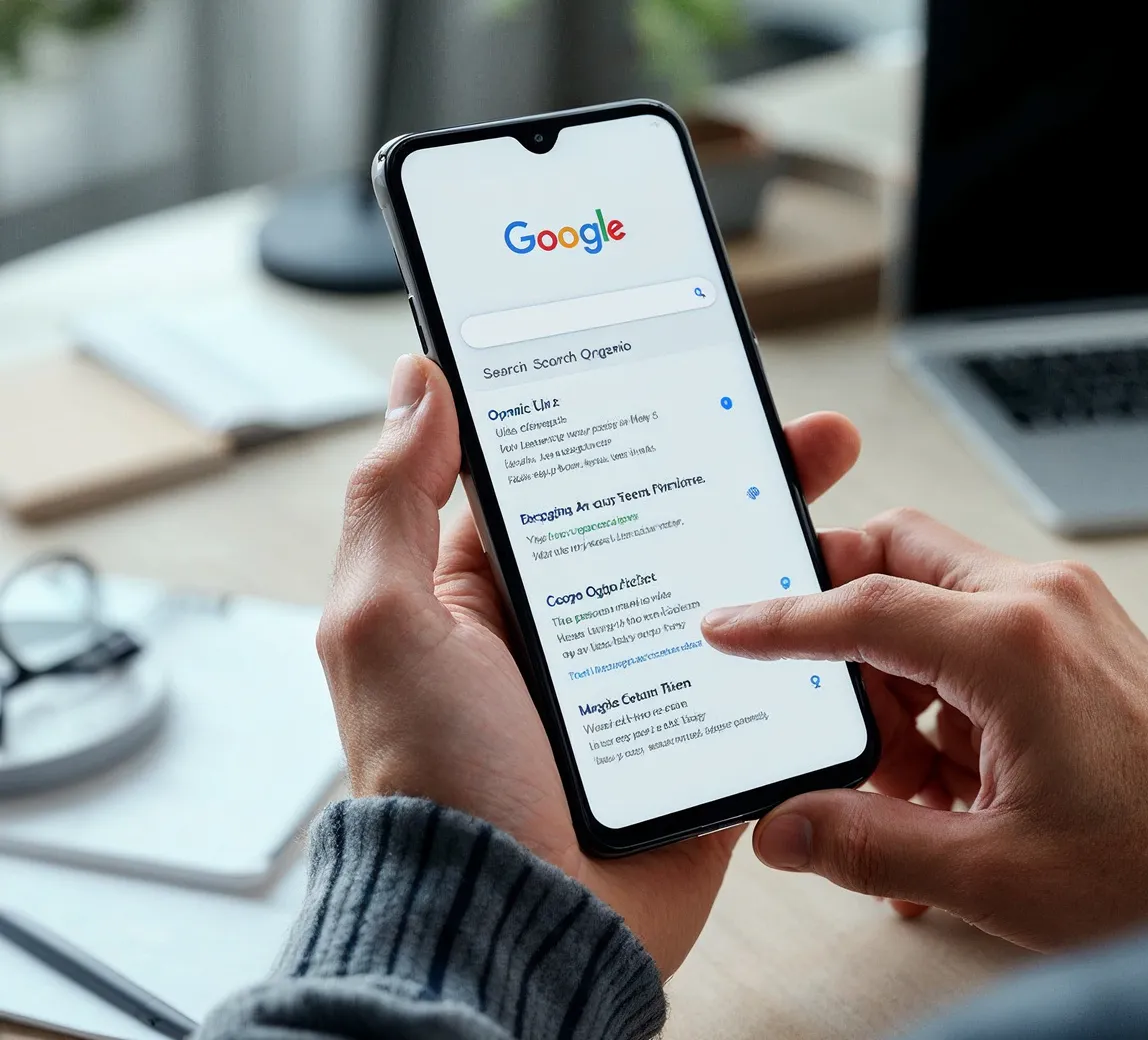 pozycjonowanie stron - smartphone, na którym widać 3 pierwsze pozycje w wyszukiwarce