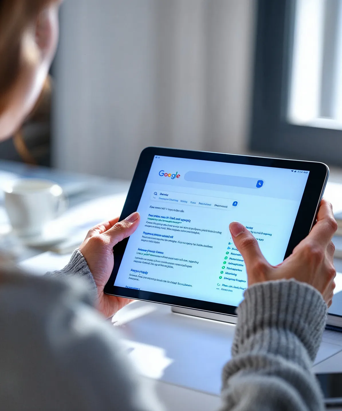 Jak Google decyduje, którą stronę pokazać wyżej - kobieta trzyma w ręku tablet z wynikami wyszukiwania