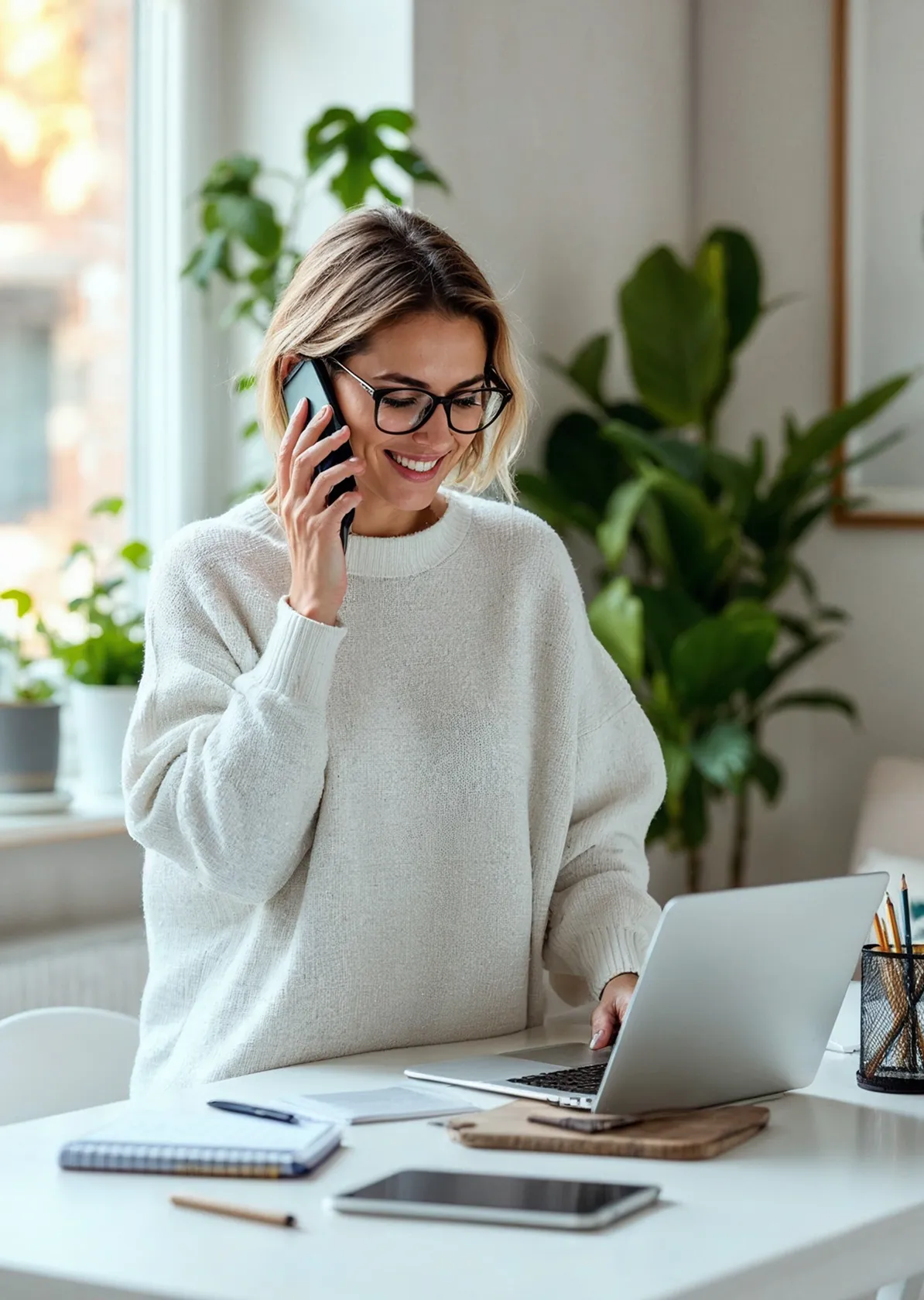wysoka pozycja w Google - właścicielka firmy odbiera telefon od klienta zainteresowanego jej ofertą