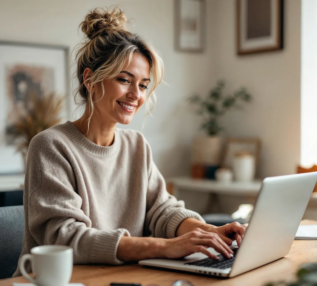 Tworzenie stron w WordPress - z nowoczesnym Bricks Builderem - uśmiechnięta właścicielka firmy pracuje na laptopie w domowym biurze