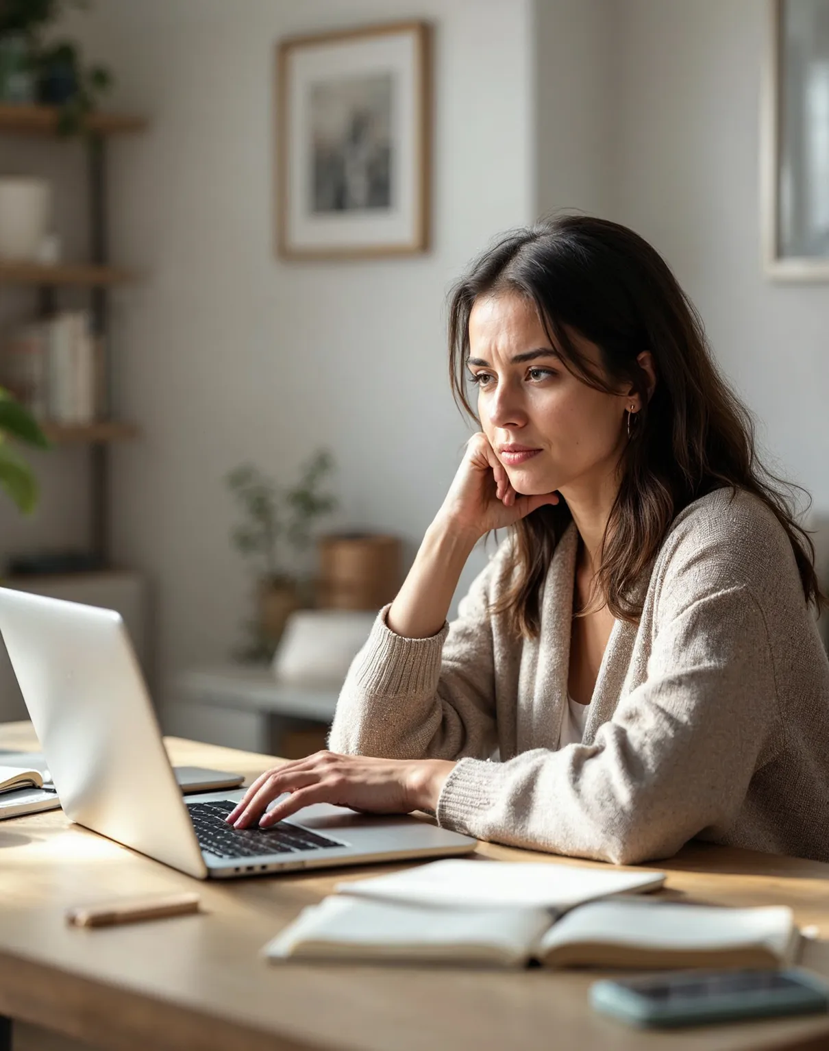 zmartwiona kobieta patrzy na ekran laptopa