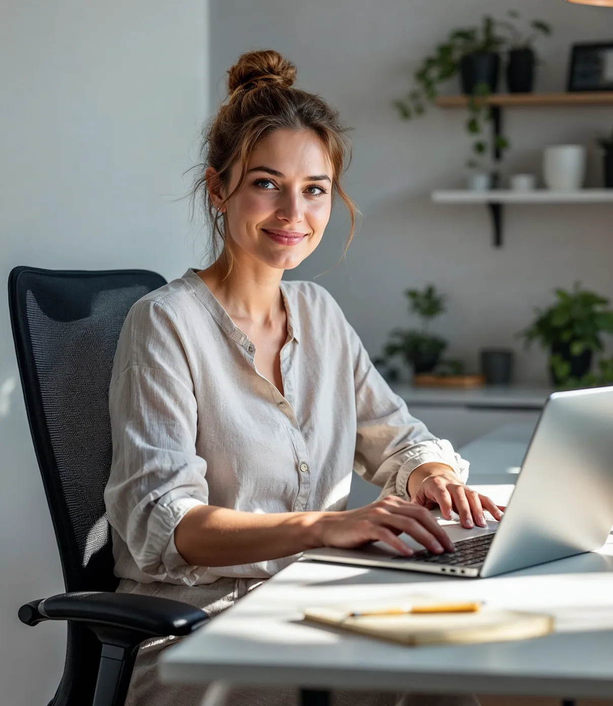 strona w WordPress dostosowana do Twoich potrzeb - zadowolona właścicielka firmy pracuje na laptopie