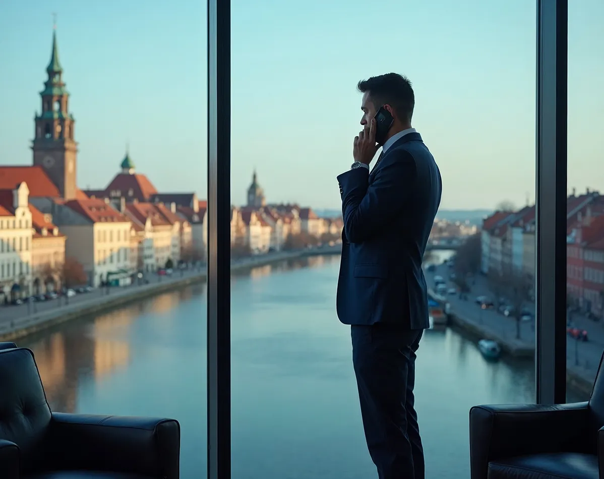Właściciel firmy rozmawia przez telefon patrzęc przez okno swojego gabinetu na panoramę Gdańska