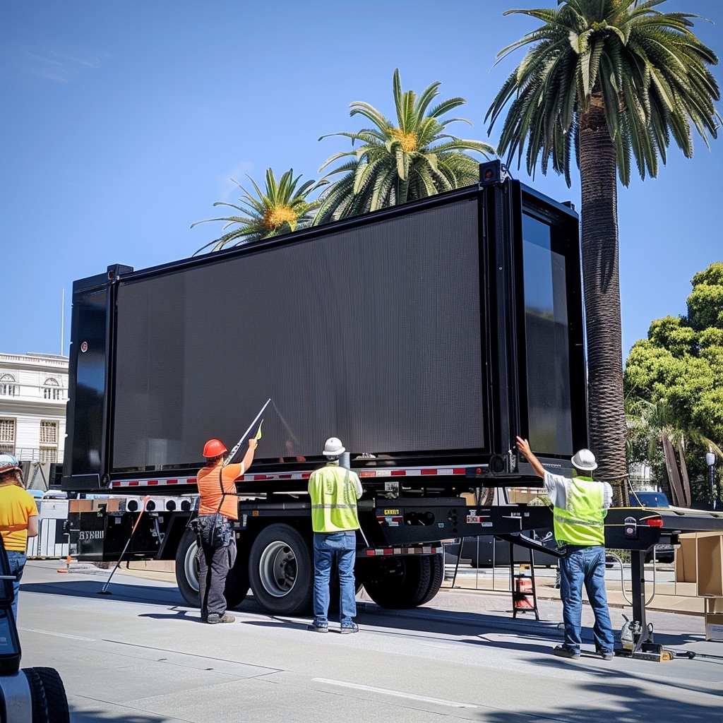 Large mobile jumbotron LED screen at outdoor festival showing rental cost breakdown for 2025
