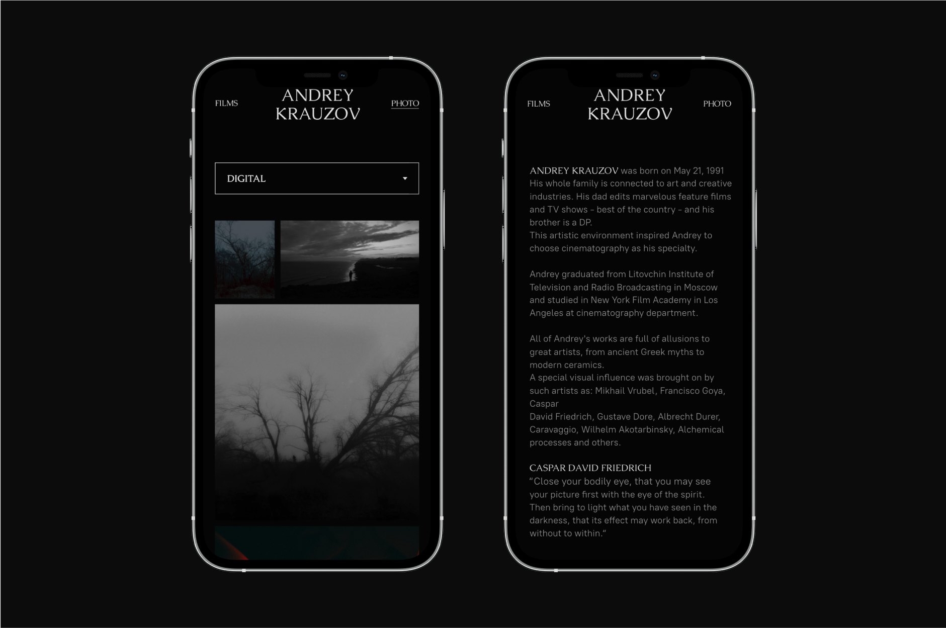 two mobile mockup with screens photo and about page