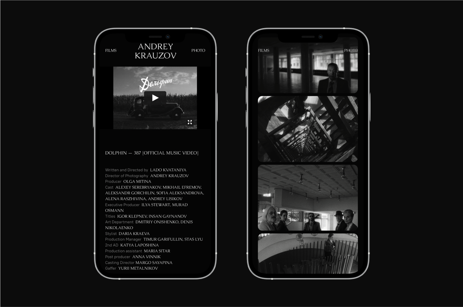 two mobile mockup with screens video work and photo