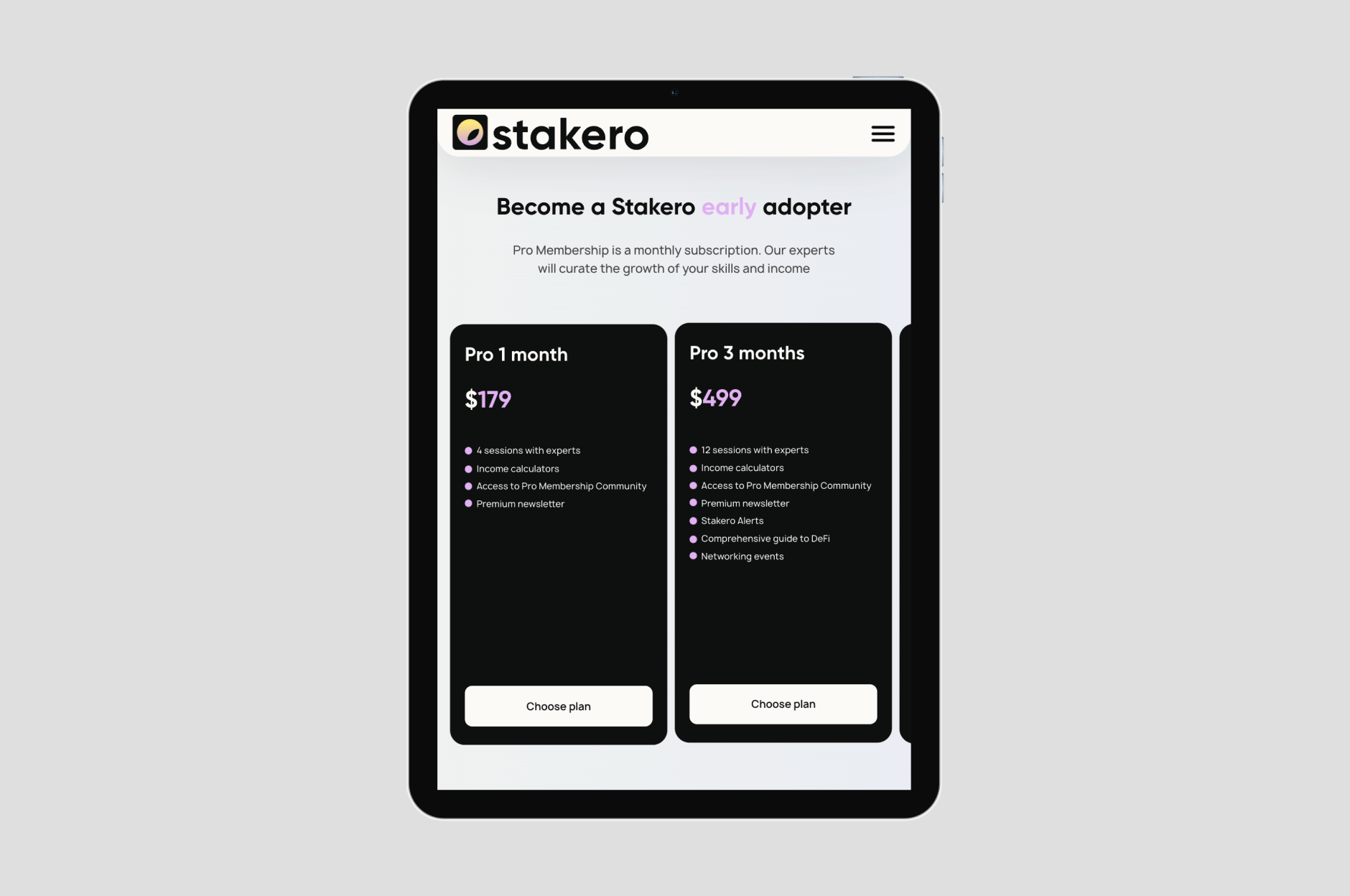 tablet mockup with screen of tariffs plans